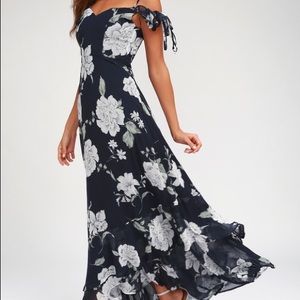Lulu’s Navy Floral Off-The-Shoulder Maxi Dress